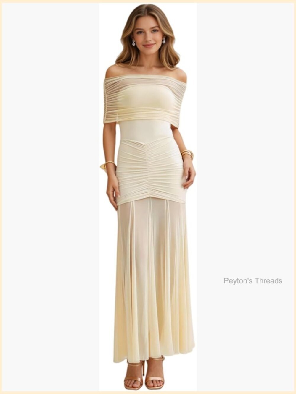 Off Shoulder Maxi Dress 2 Piece Ruched Bodycon Sheer Mesh Flowy Party